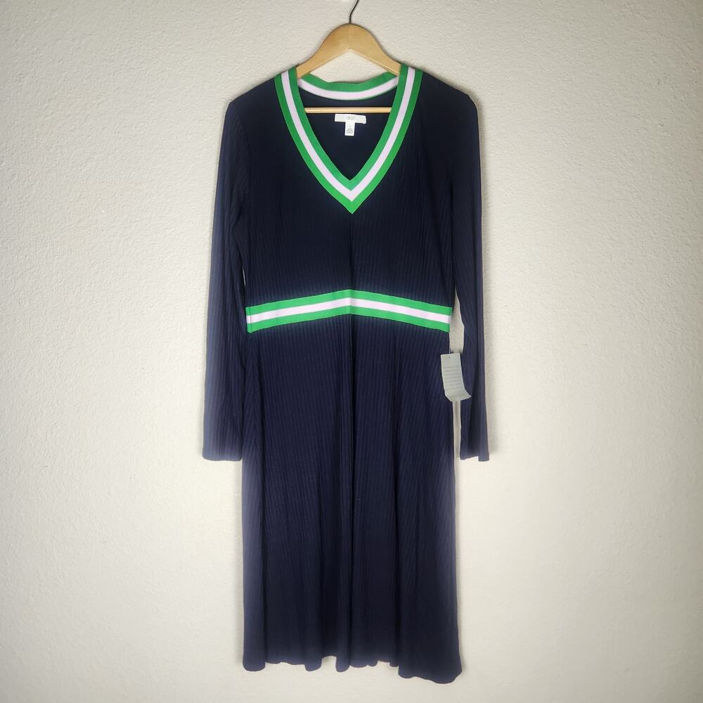 NWT 1901 Striped Trim Navy Blue Long Sleeve Knee Length Sweater Dress, Large
